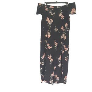 Womens 16 Jumpsuit Off Shoulder Black Floral Wide Leg Stretch Waist Relaxed Fit